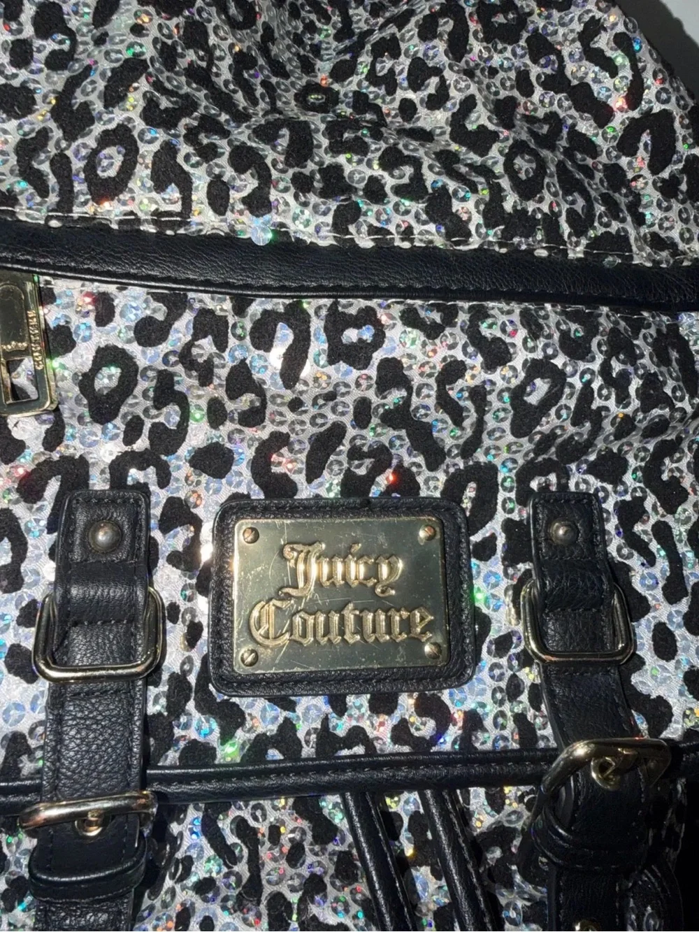 Juicy Couture Holographic Silver Leopard Backpack with Black Trim